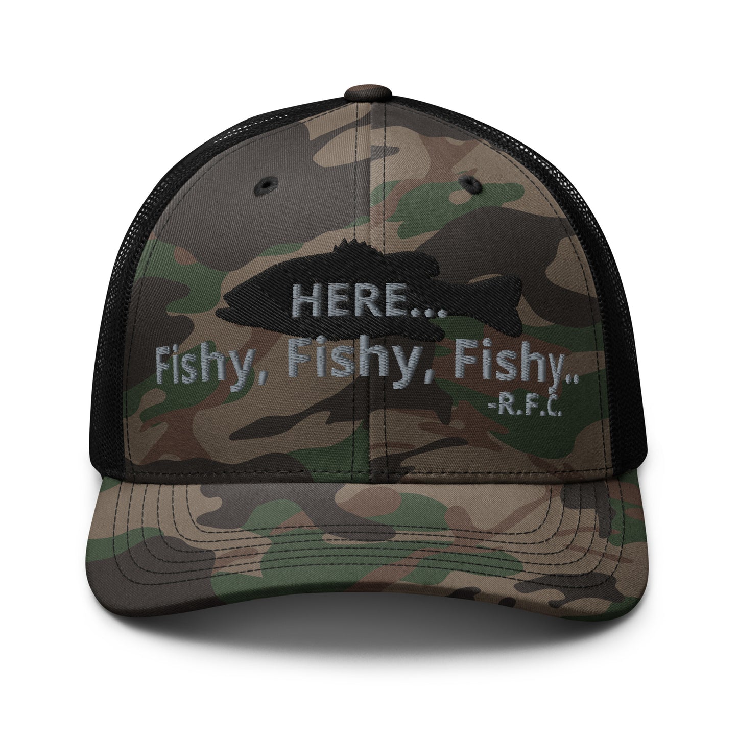 Here Fishy Fishy Camouflage trucker hat