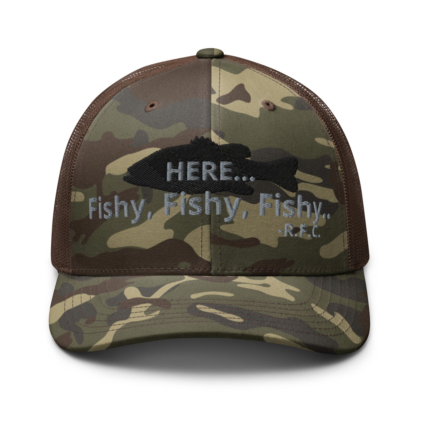 Here Fishy Fishy Camouflage trucker hat